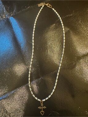 Delicate White Pearl Bead Necklace with Gold Cross Pendant